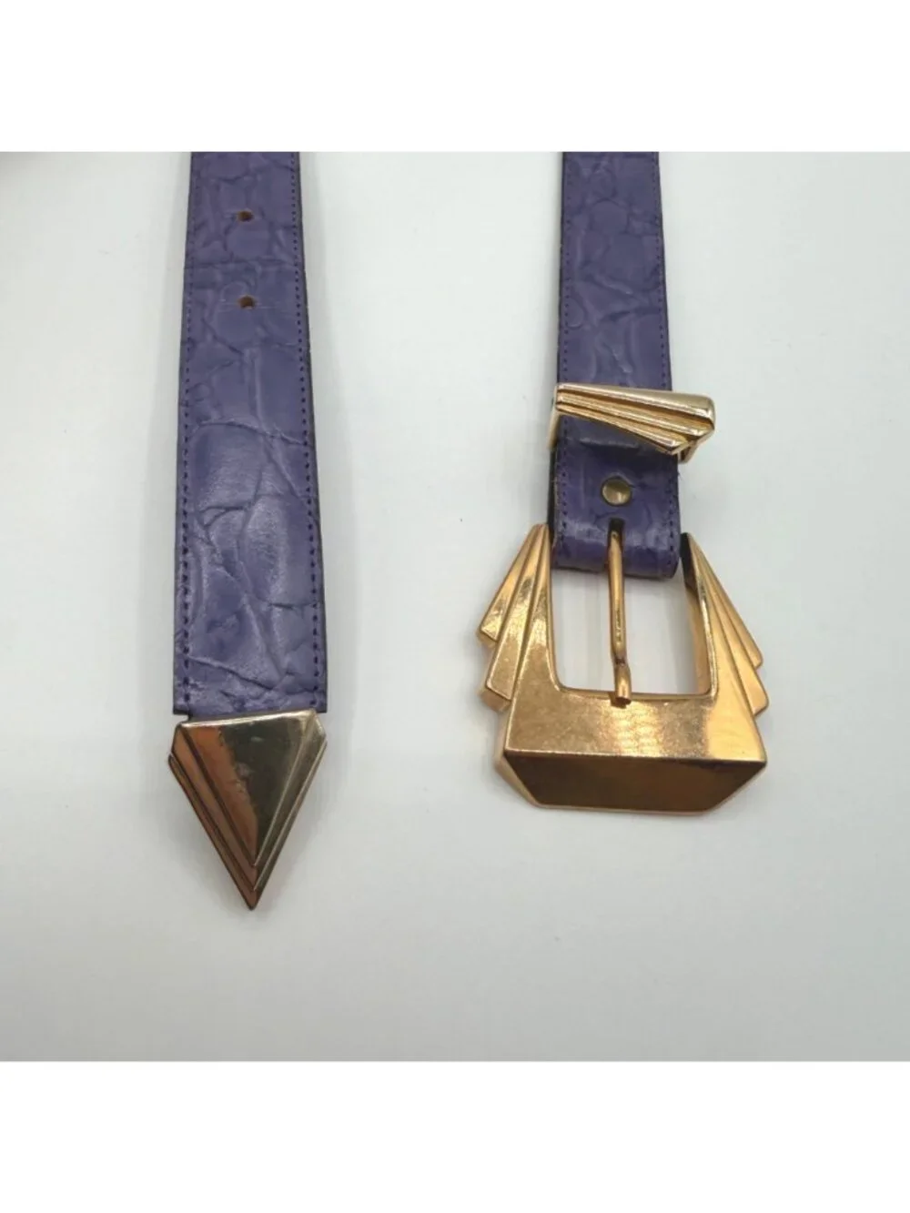 Vintage Purple Faux Leather Croc Embossed Belt w/ Deco Gold Tone Buckle